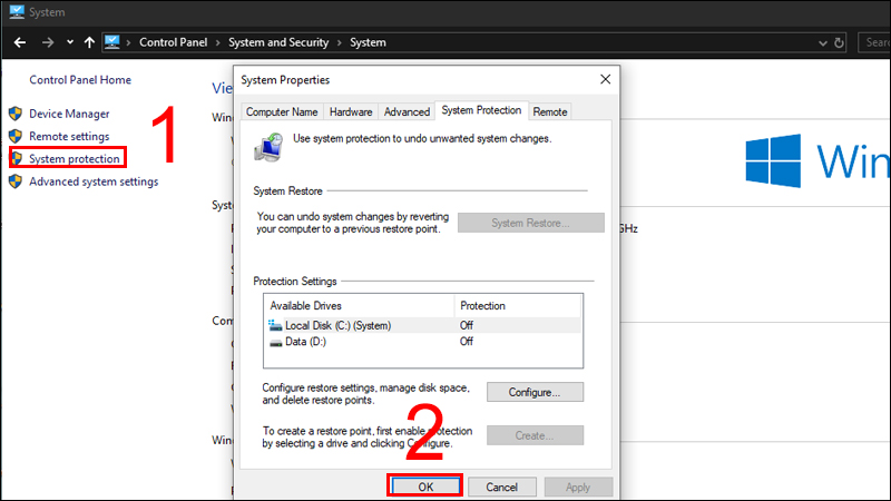 V&agrave;o System Properties, nhấn OK để tắt t&iacute;nh năng